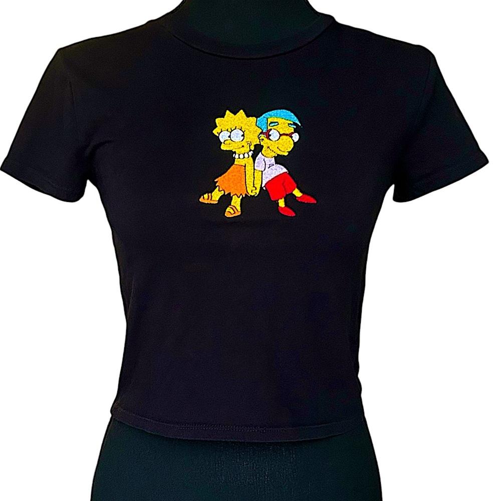 THE SIMPSONS Lisa and Milhouse Embroidered Crop Top T-Shirt Fitted Size Medium
